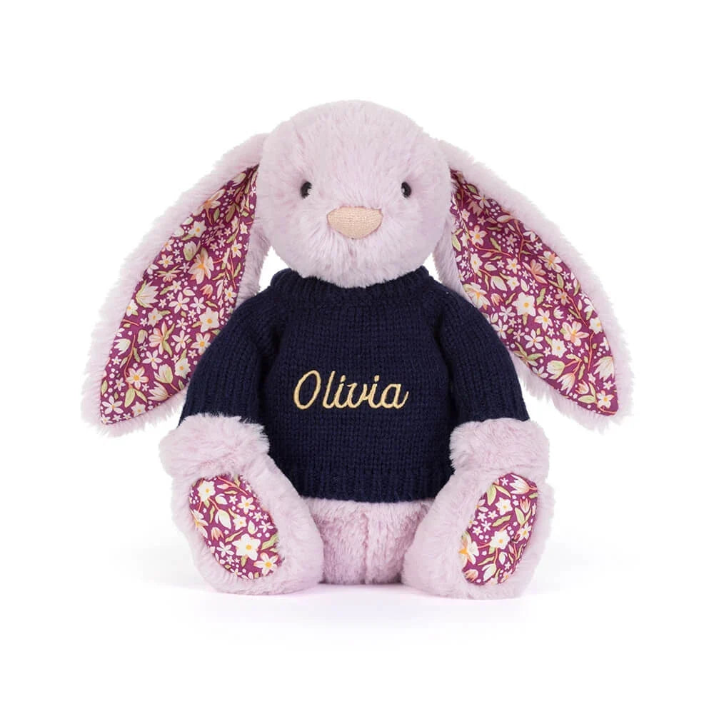 Thistlepop Blossom Luxe Bunny with Personalised Navy Jumper