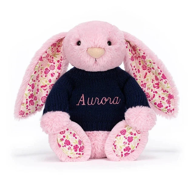 Blushkin Blossom Luxe Bunny with Personalised Navy Jumper